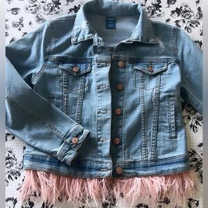 Never worn pink feather Jean jacket